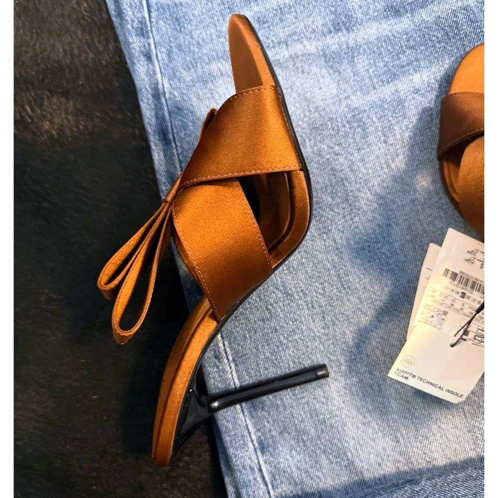 ZARA Satin Brown Heels NWT | Crossover Strap with Bow Detail - Picture 11 of 16